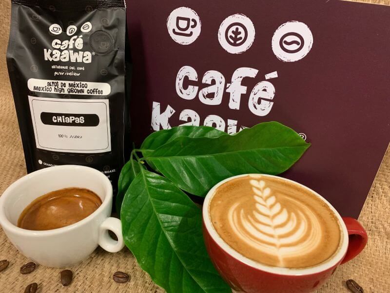 Two cups filled with coffee, one has a tulip pattern designed with foam milk. They're surrounded by green leafs, coffee beans, a Café Kaawa sign and a bag of Café Kaawa Chiapas