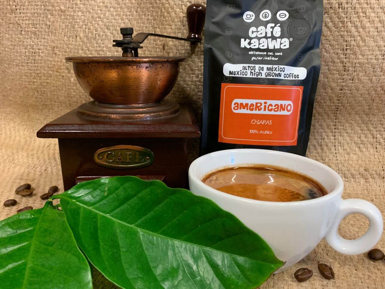 Cup of coffee decorated with a green leaf, with behind a vintage coffee grinder and a bag of Café Kaawa Americano. 