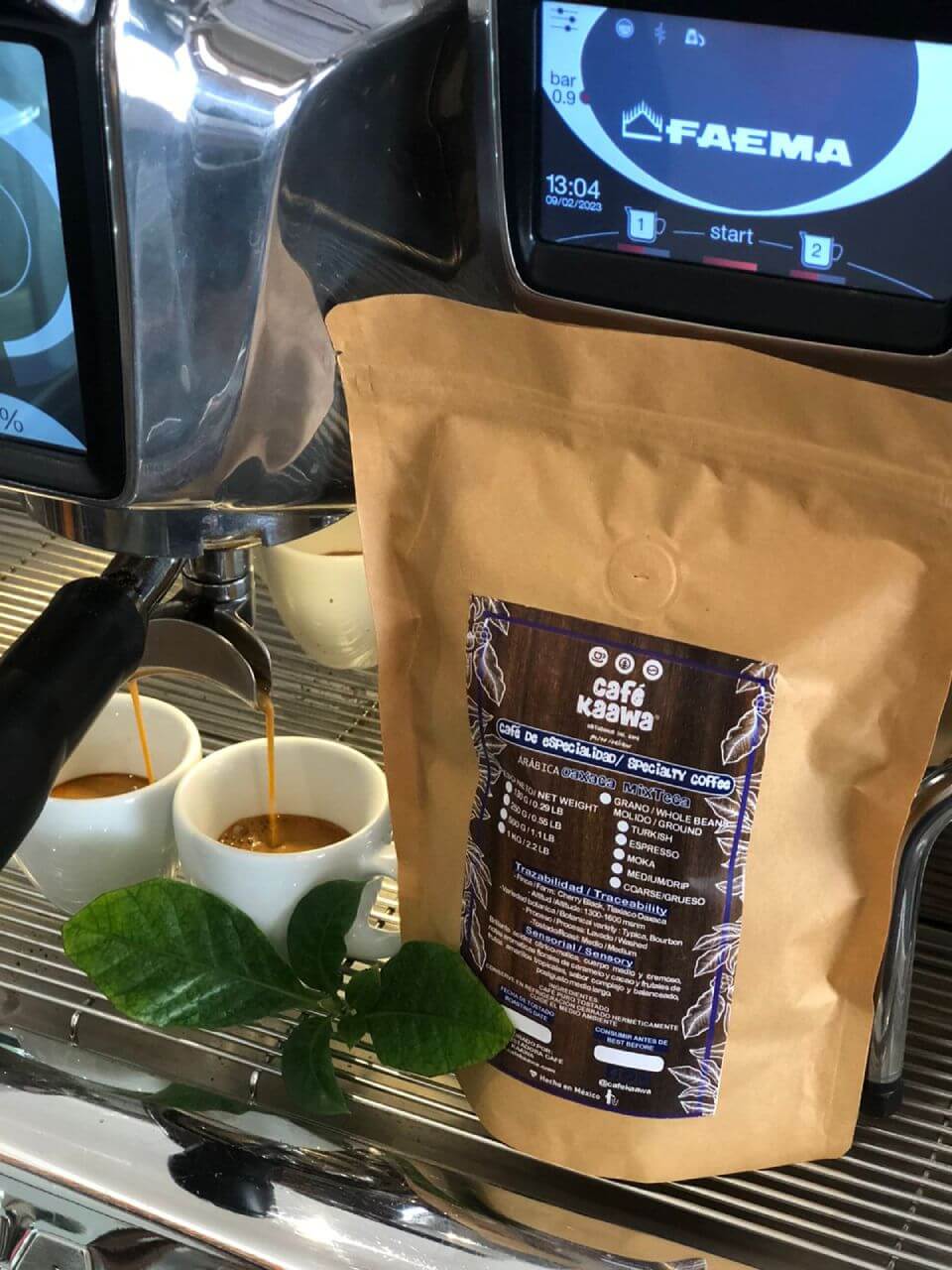 Espresso machine pouring coffee into 2 small coffee cups, besides a bag of Specialty Coffee Oaxaca Mixteca 